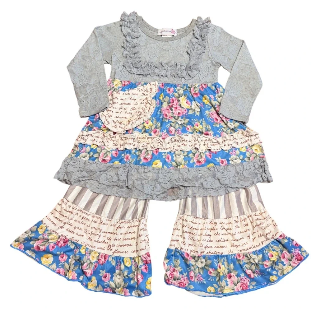 Adorable Sweetness Girls Pant Set 4 Blue Floral Lace Ruffle Script Outfit